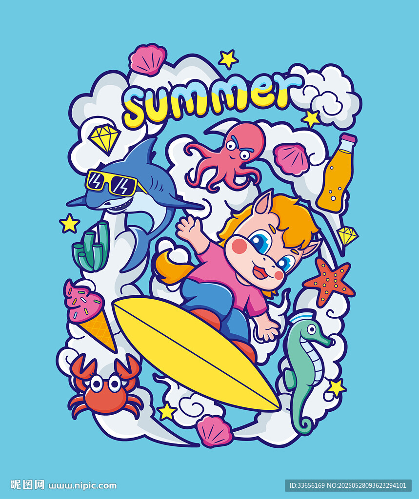 夏日冲浪插画