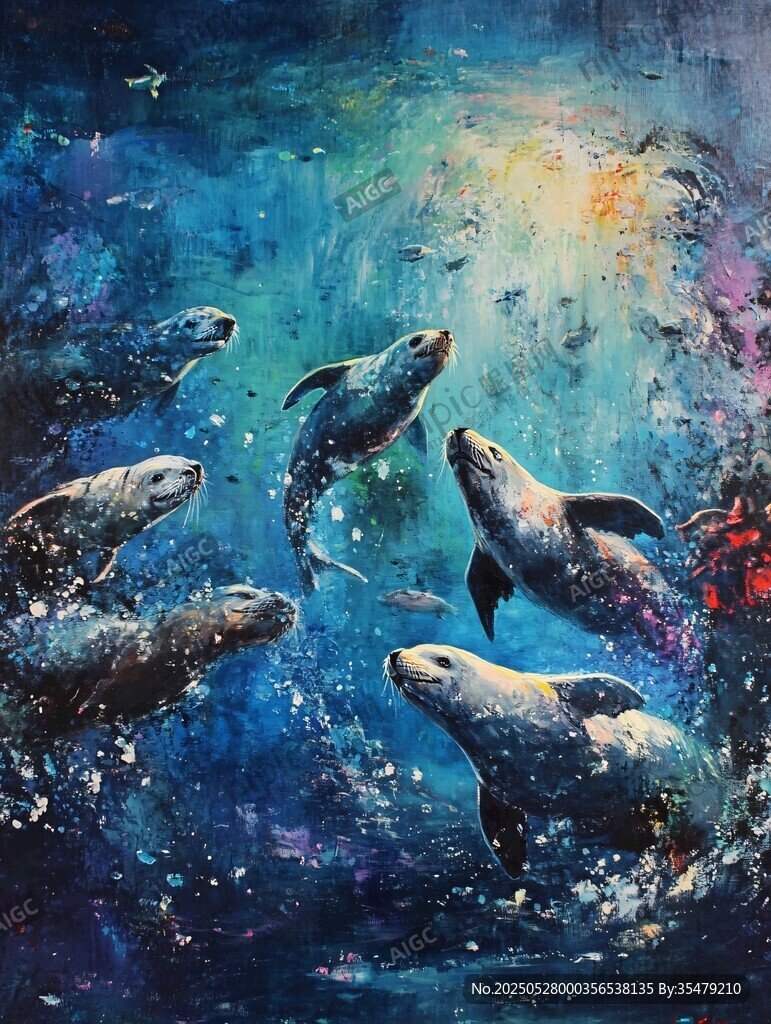 梦幻海洋中的海豹群舞