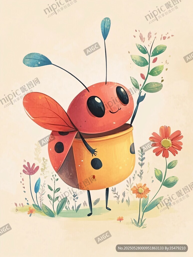 可爱瓢虫手持绿植插画