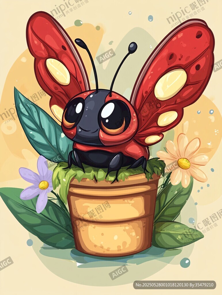 花盆上的可爱蝴蝶插画