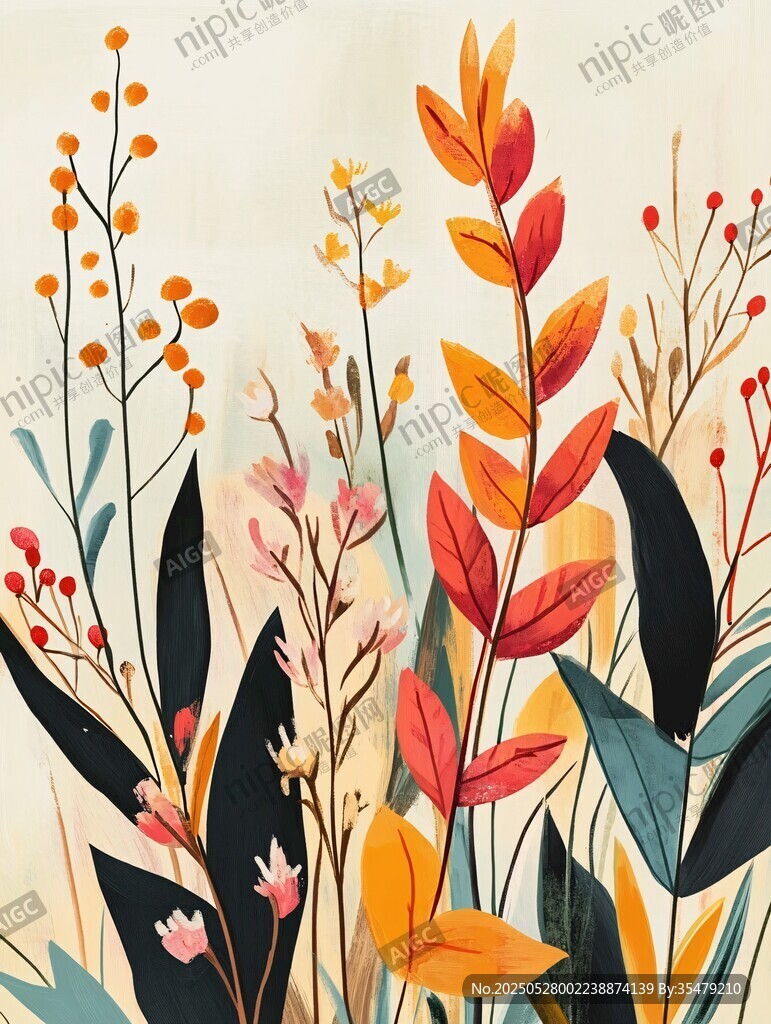 秋日缤纷花卉植物插画