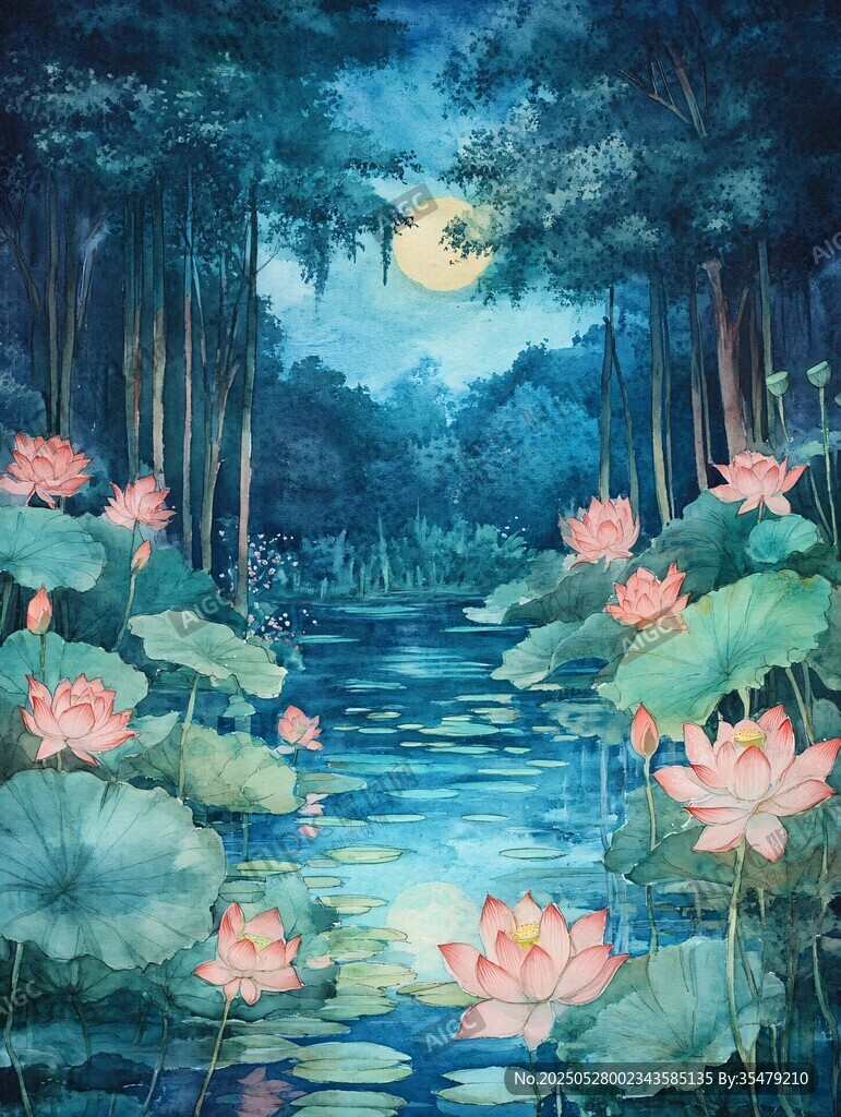 月夜荷塘的静谧森林美景