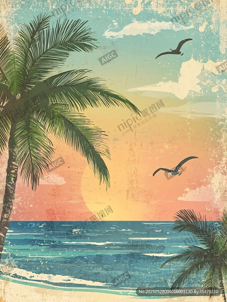 复古风海边日落椰林美景