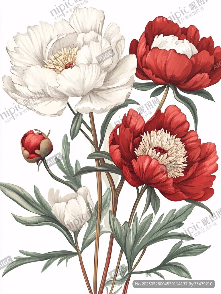 红白芍药插画花卉图