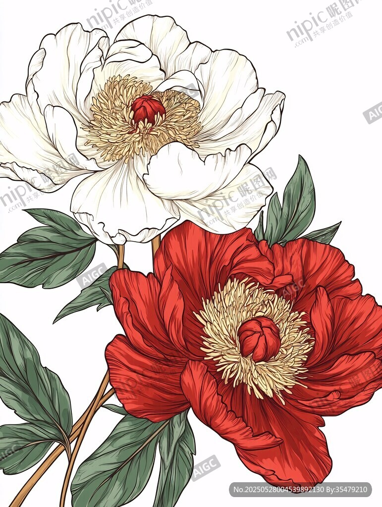 双色牡丹花卉插画