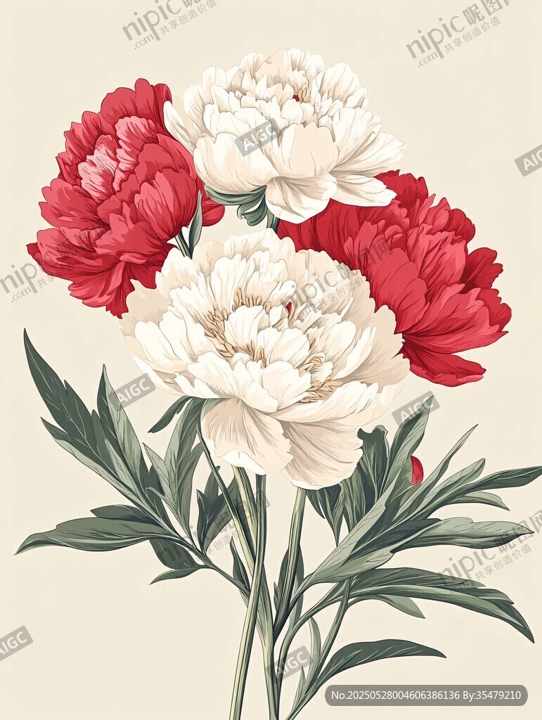 红白芍药插画花卉图案