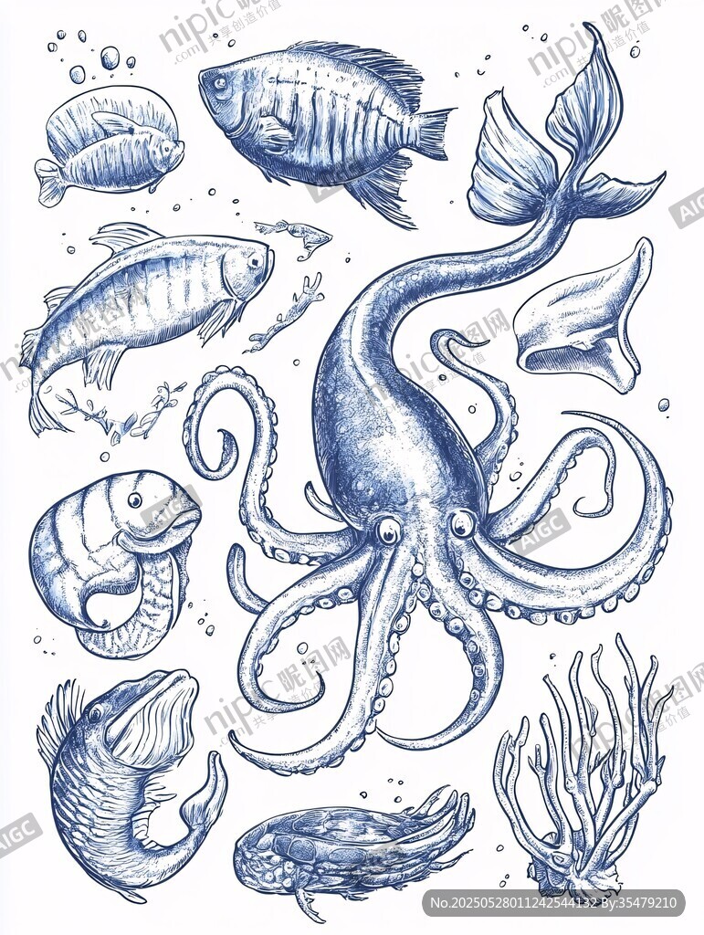 海洋生物手绘插画集合