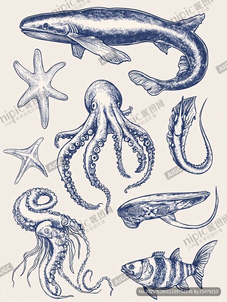 海洋生物手绘插画集合