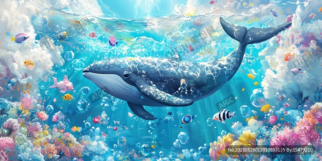 梦幻海底鲸鱼遨游景象
