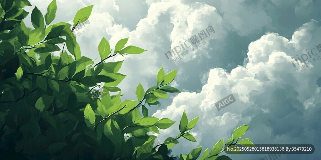 绿叶映白云的清新景致