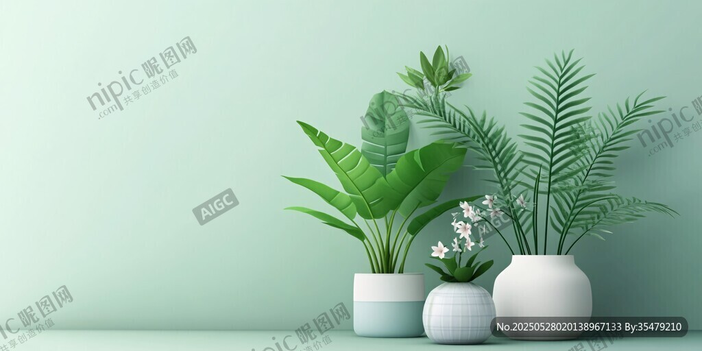 清新绿植摆设在浅绿背景下