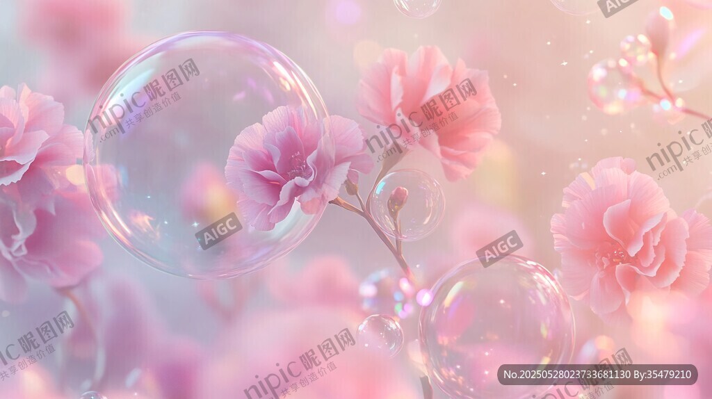 梦幻粉花与晶莹泡泡世界