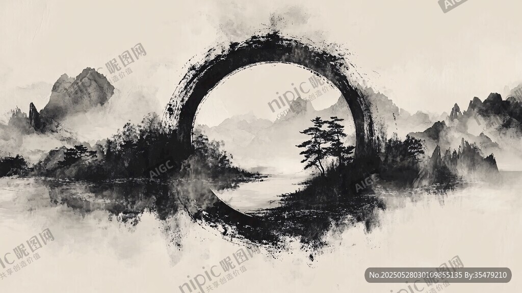 水墨山水间的空灵圆环