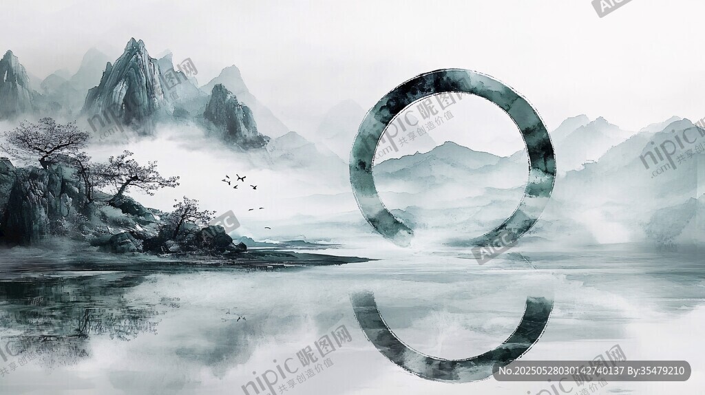 水墨山水间的空灵圆环