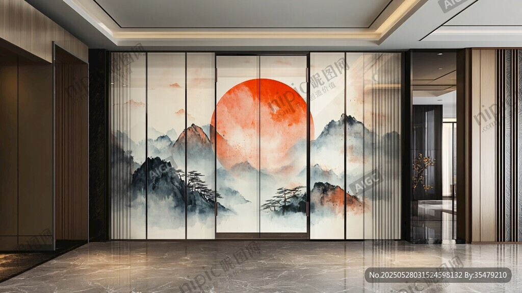 中式山水红日背景墙装饰