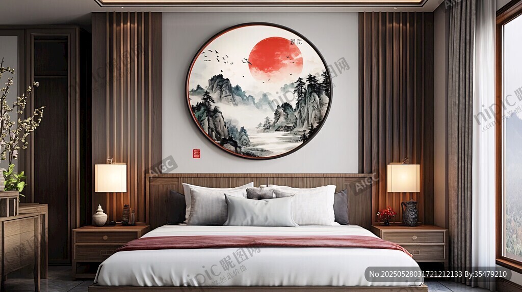 中式卧室 圆形山水挂画添雅致