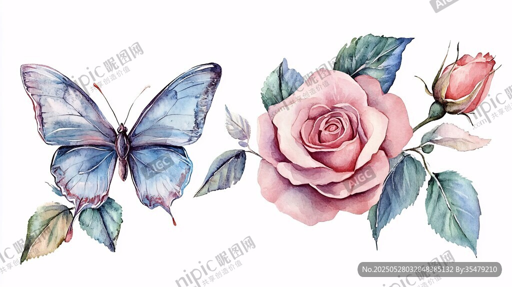 蝴蝶与玫瑰水彩插画