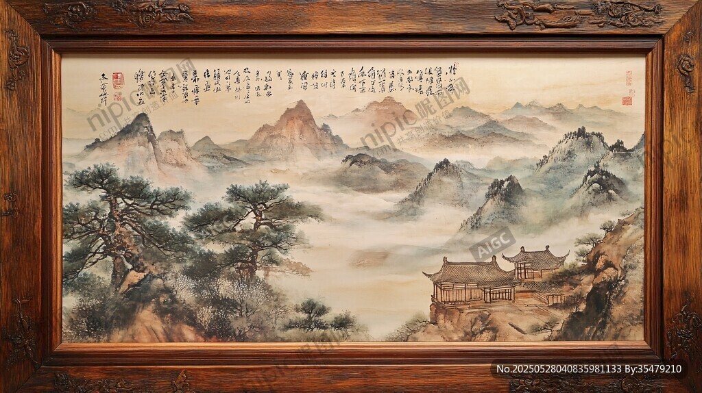 中式山水古建挂画