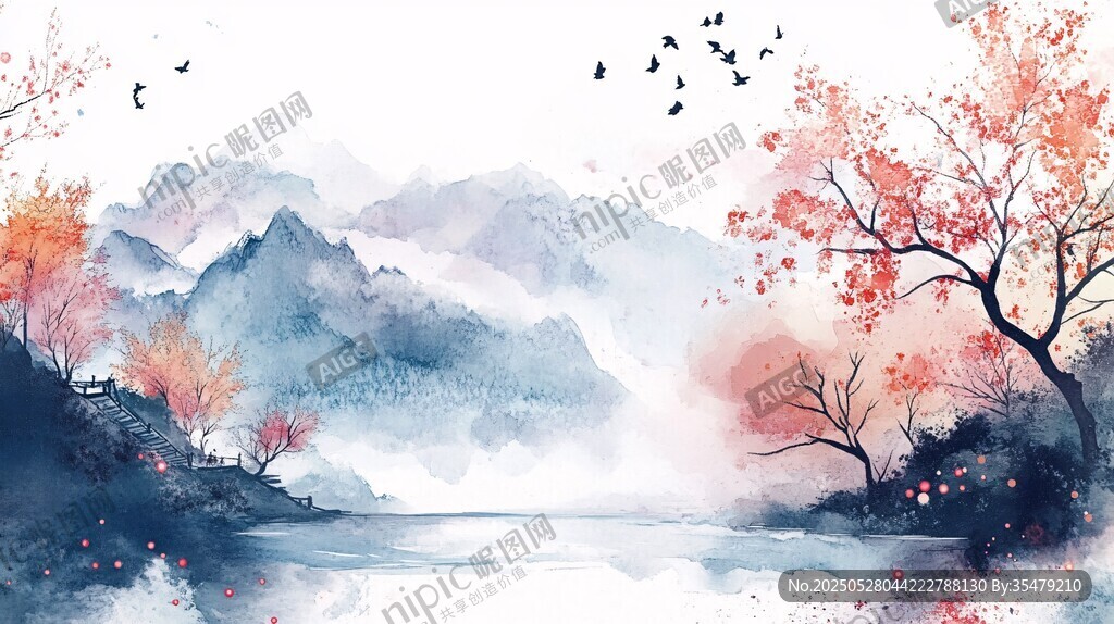 秋日山水飞鸟诗意画卷