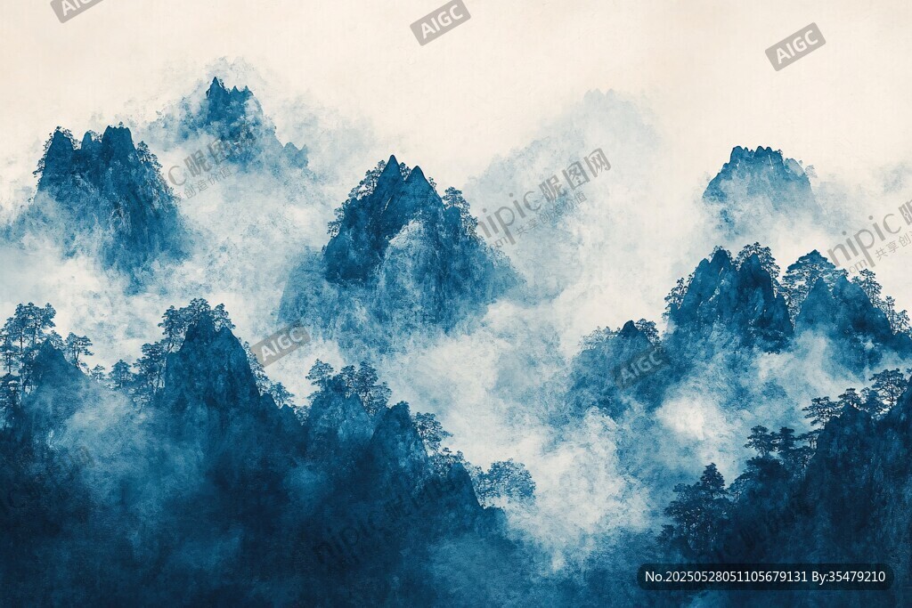 水墨云雾中的山峦胜景
