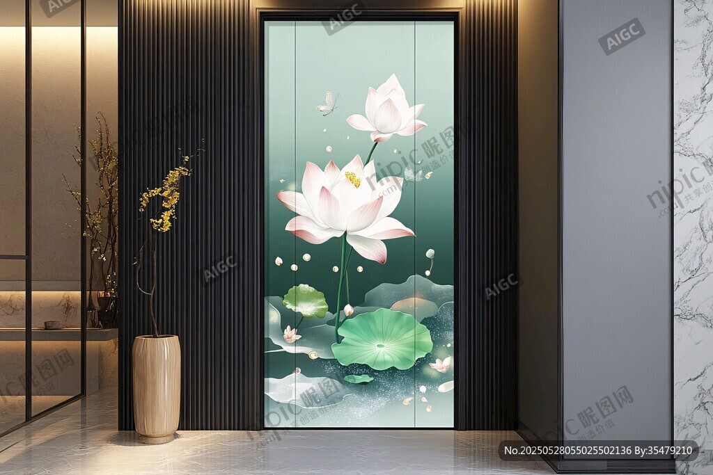 中式荷花玄关玻璃装饰画