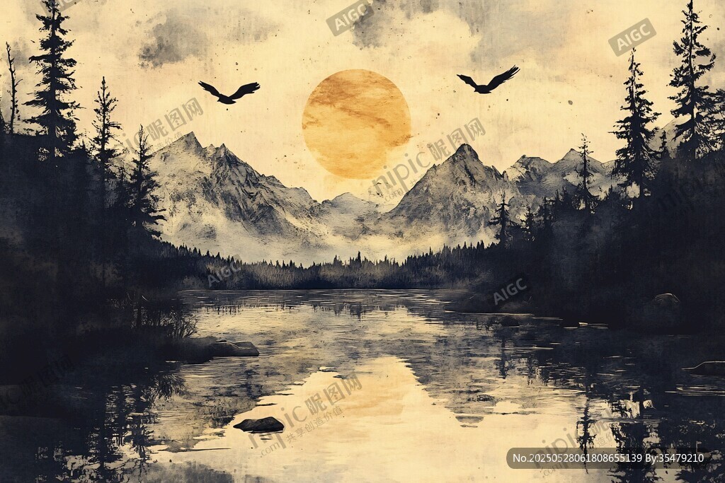 日暮山林湖景