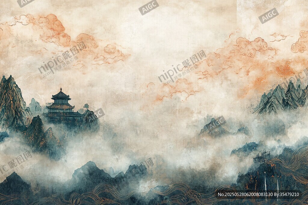云雾缭绕中的中式山水楼阁