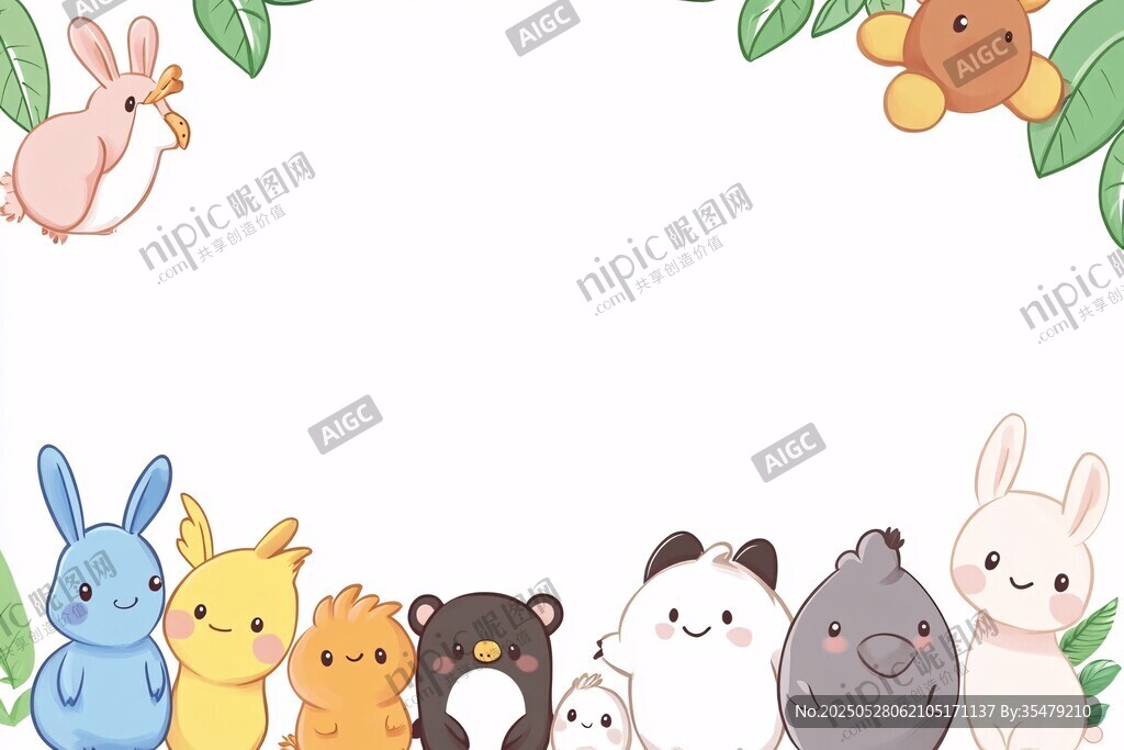 可爱动物环绕的空白背景图