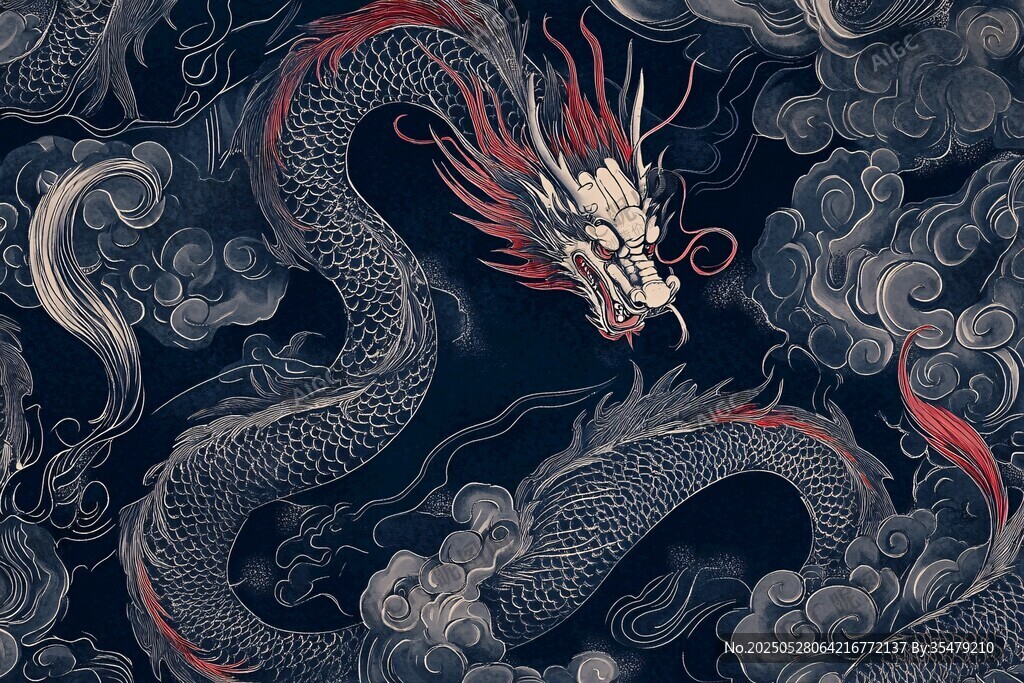 中式飞龙穿梭云海图案