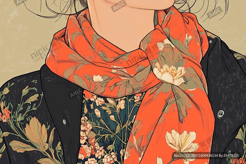 复古风女子的花卉围巾穿搭