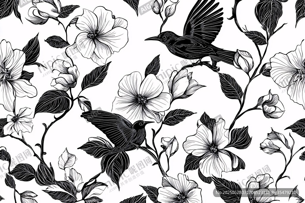 黑白花鸟图案