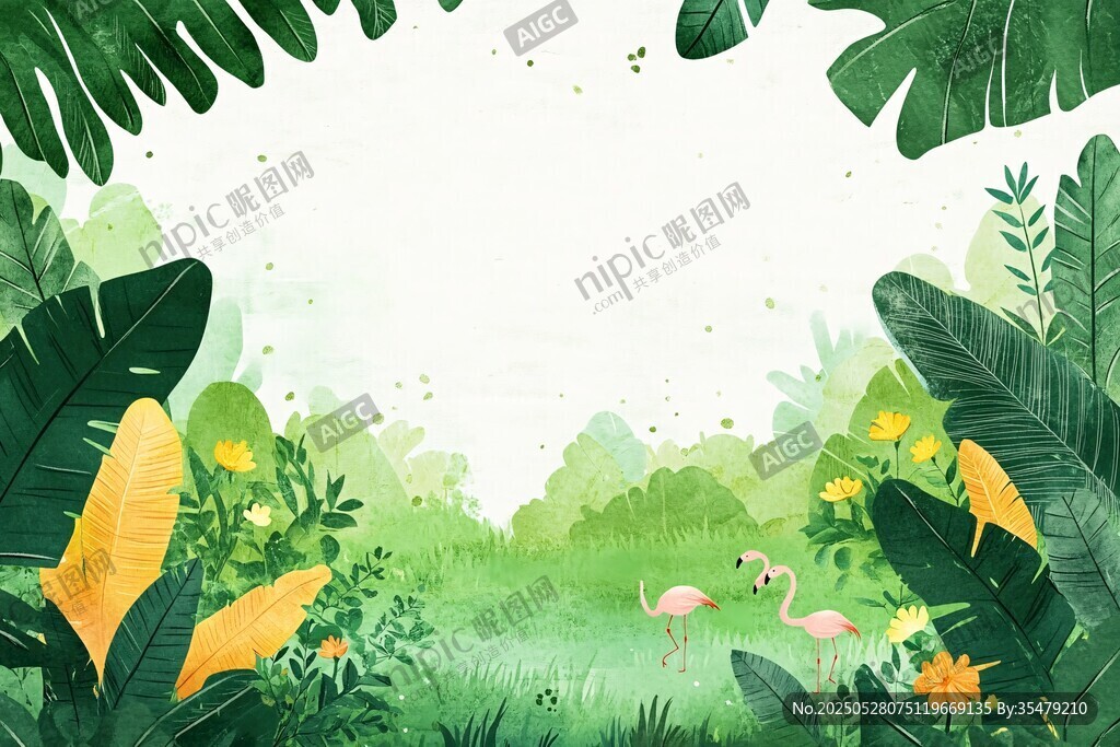 梦幻绿野中的火烈鸟景致