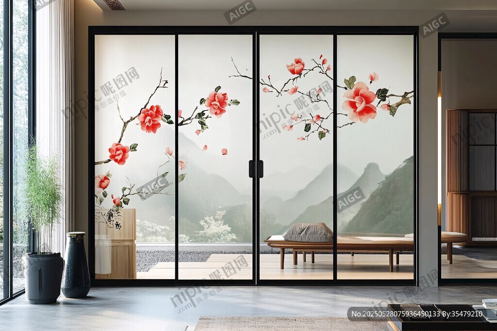 中式花鸟山水移门设计