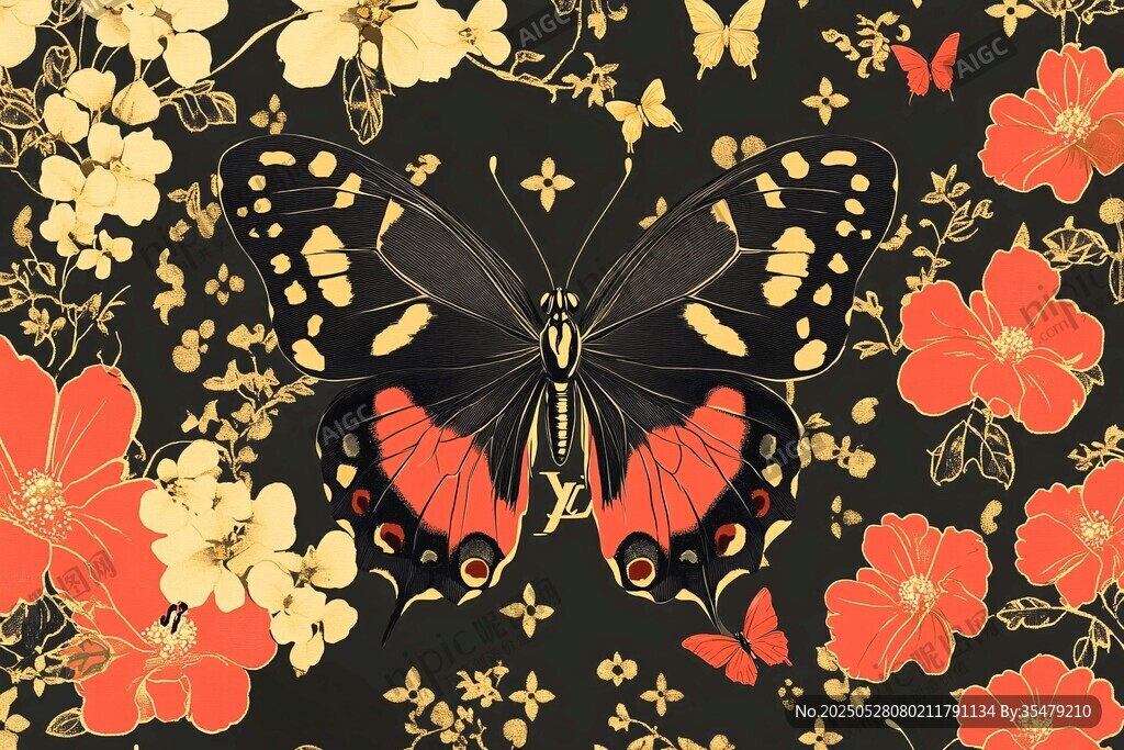 蝶舞繁花黑金插画图案