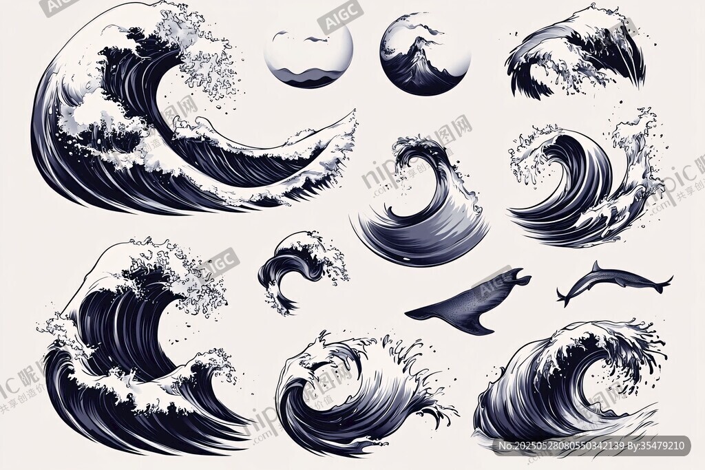 日式海浪海洋元素插画集
