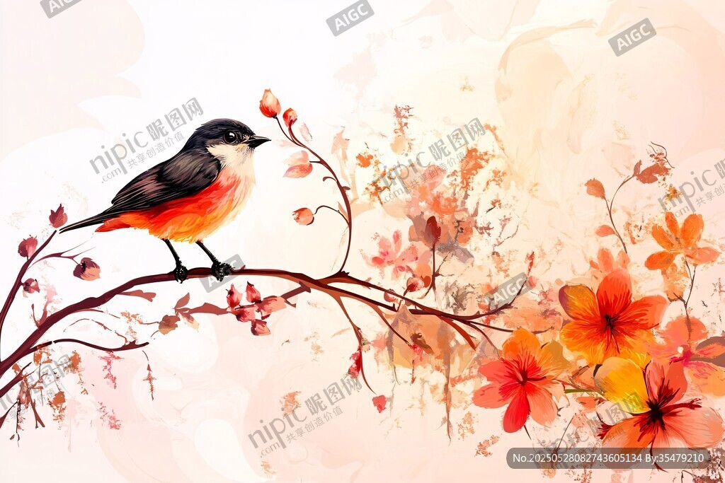 枝头小鸟伴繁花