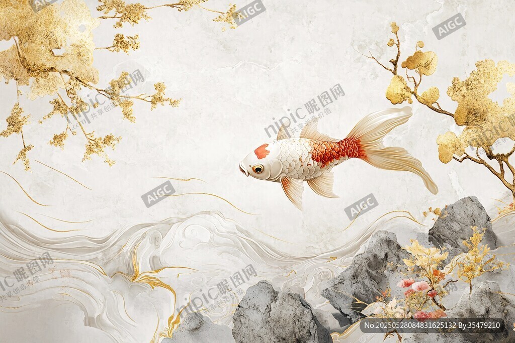 金鲤游于山水繁花间