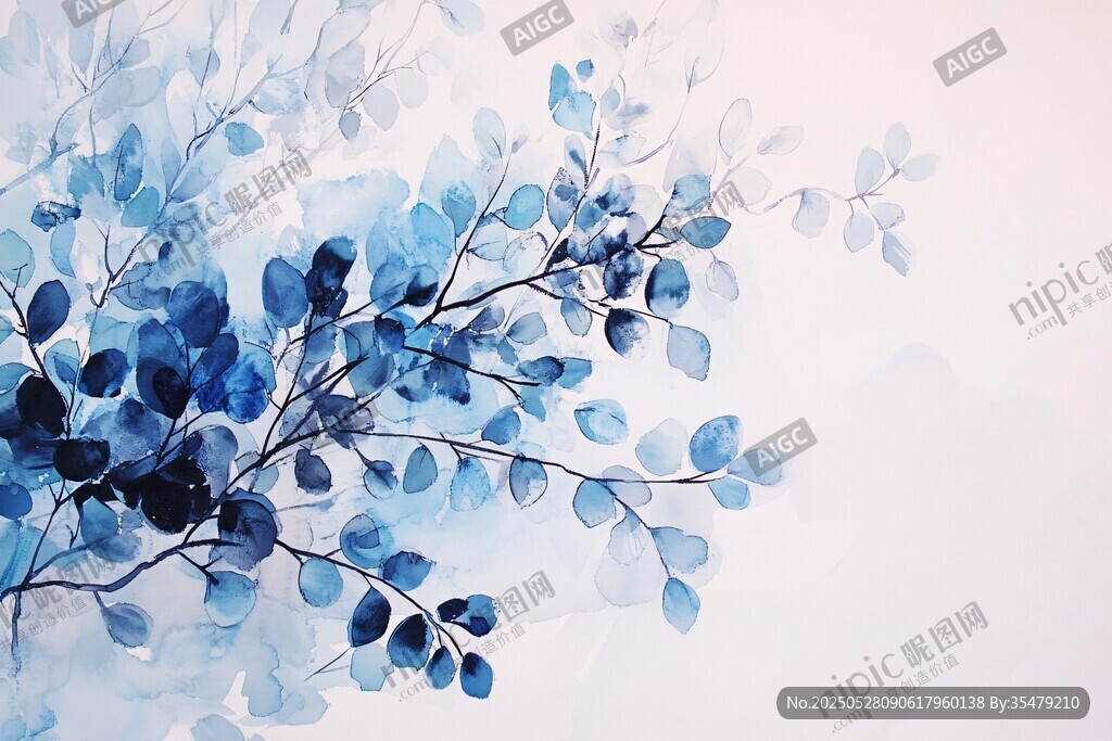 蓝色梦幻枝叶水彩画
