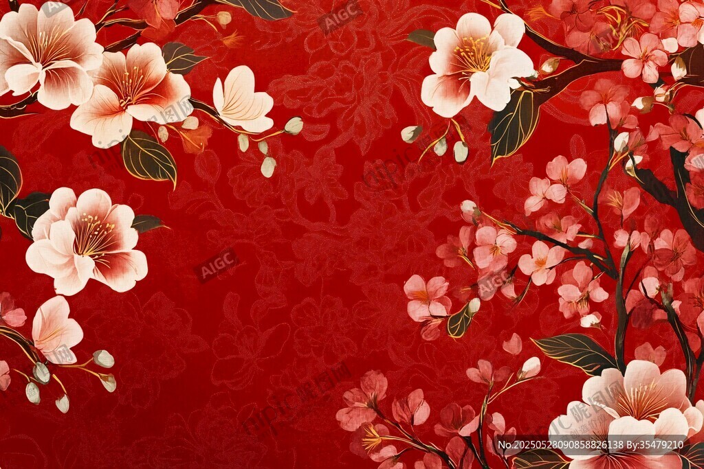 红底繁花中式精美背景图