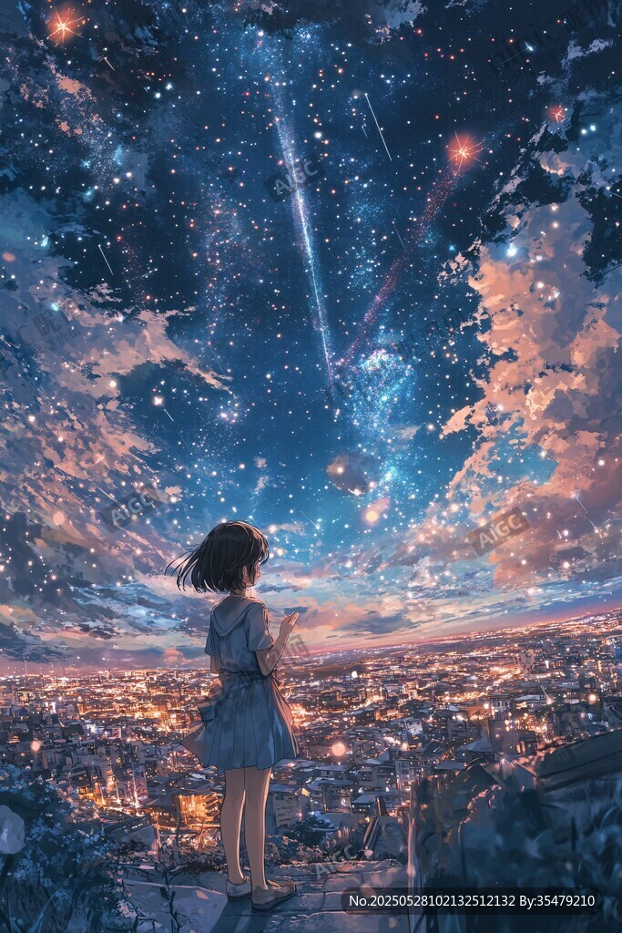 少女仰望梦幻星空夜景