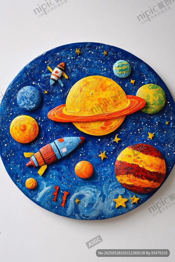 手绘梦幻太空星球与火箭