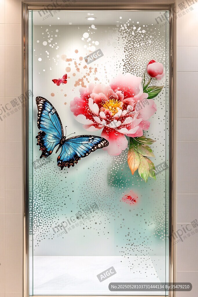 牡丹蝴蝶玻璃艺术装饰画