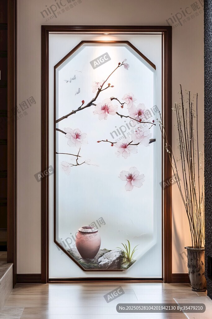 中式屏风上的雅致桃花图景