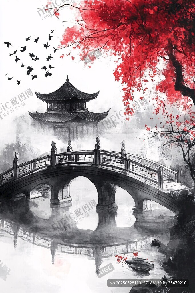水墨江南桥畔红枫飞鸟景