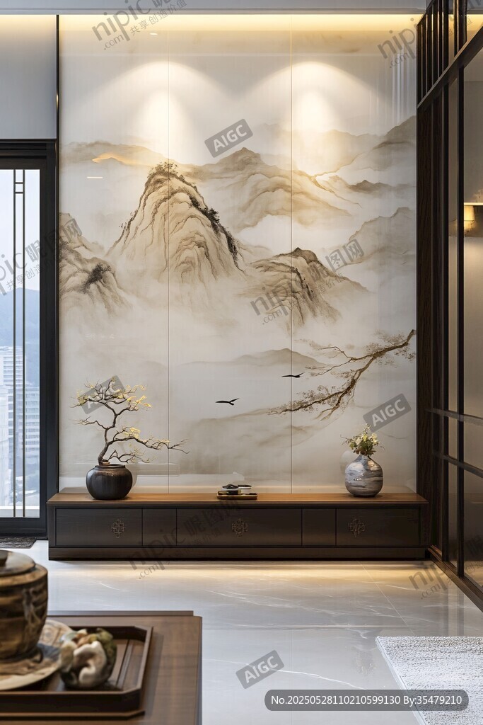 中式山水背景墙雅致空间