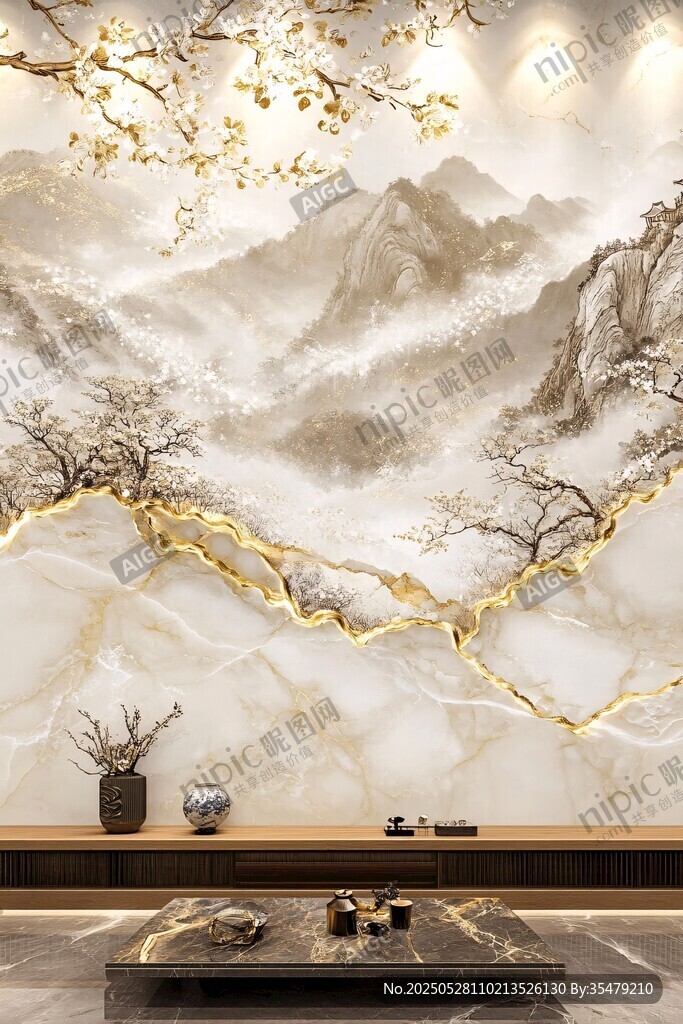 中式山水金纹客厅背景墙
