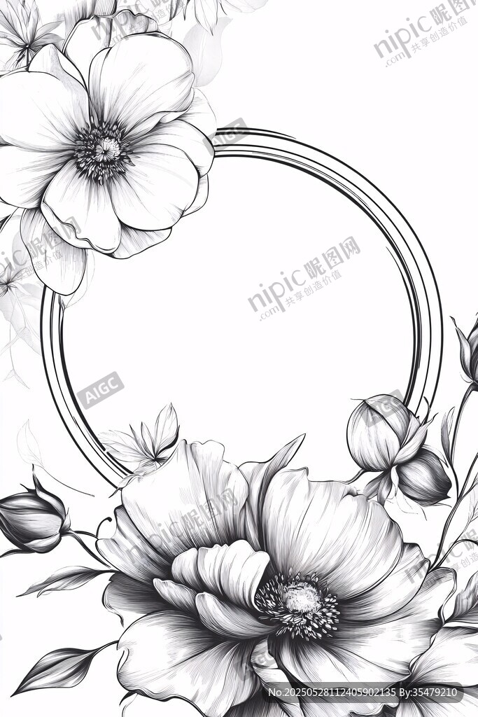 花卉边框黑白插画图案