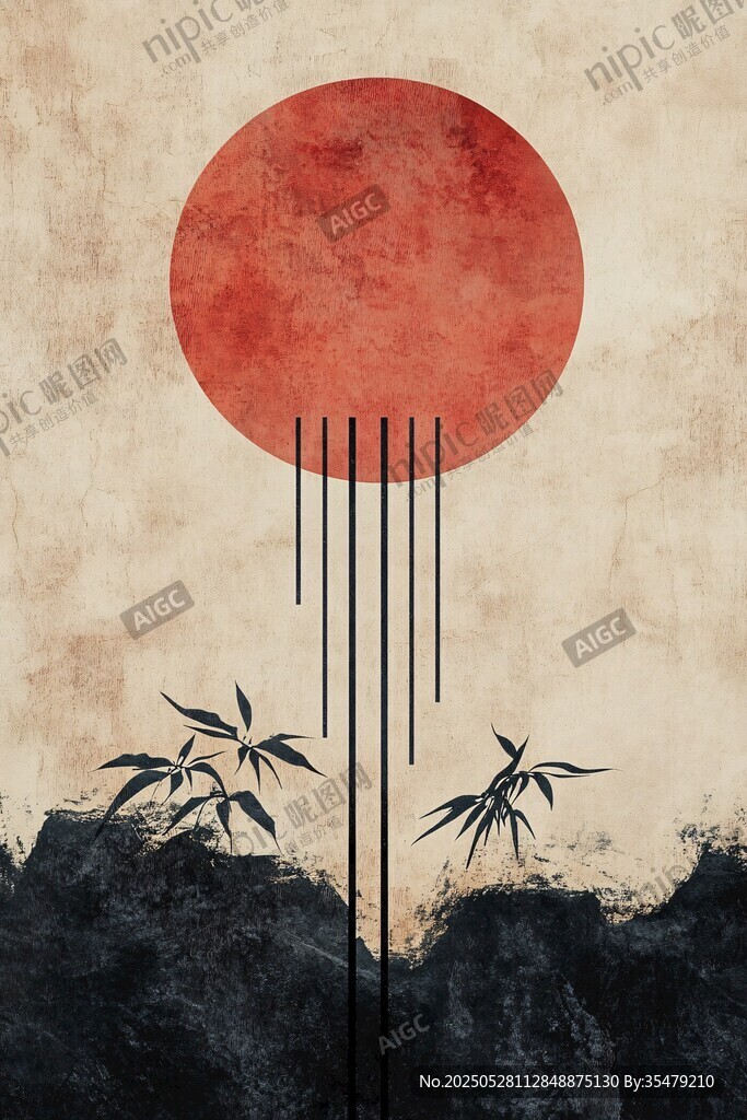 红日竹林山水意境图