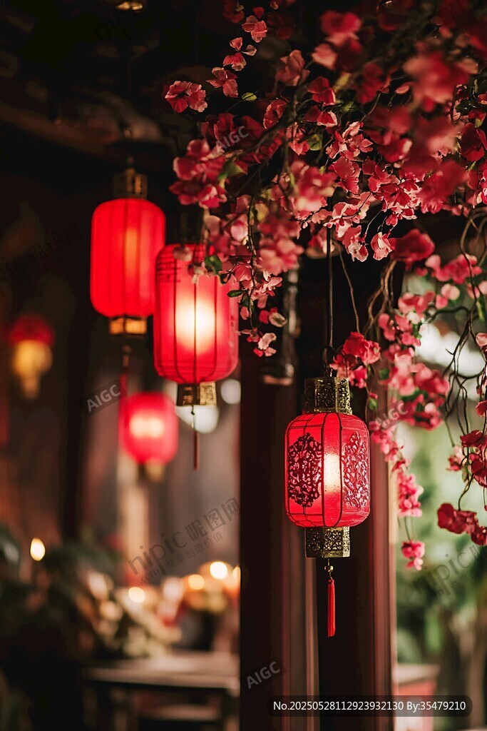 红灯笼映繁花古雅景致