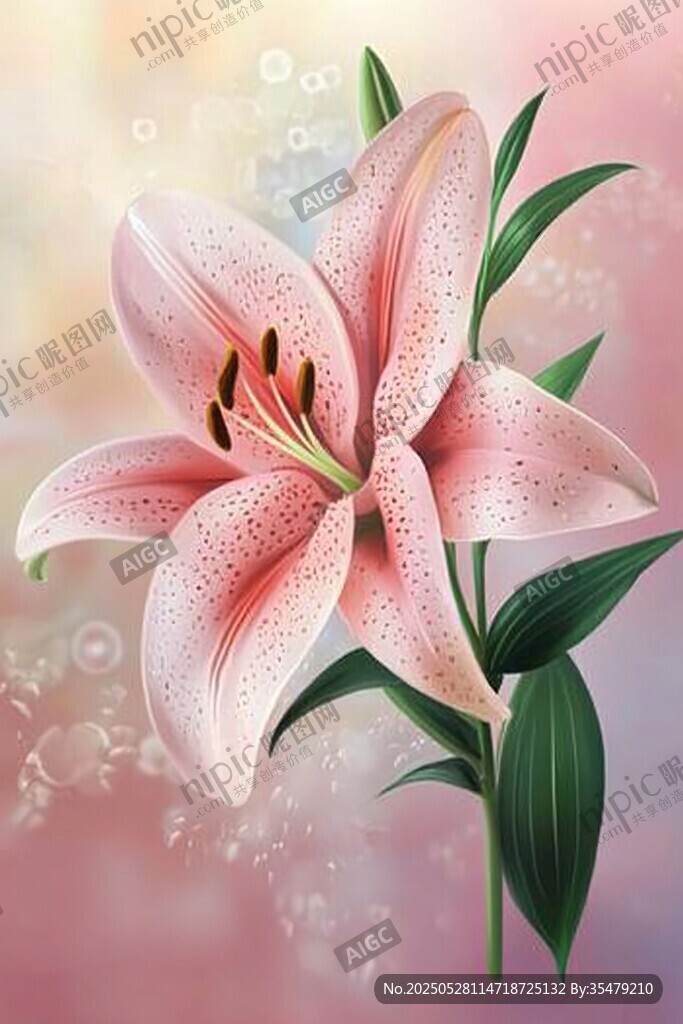 粉色百合花插画 梦幻唯美